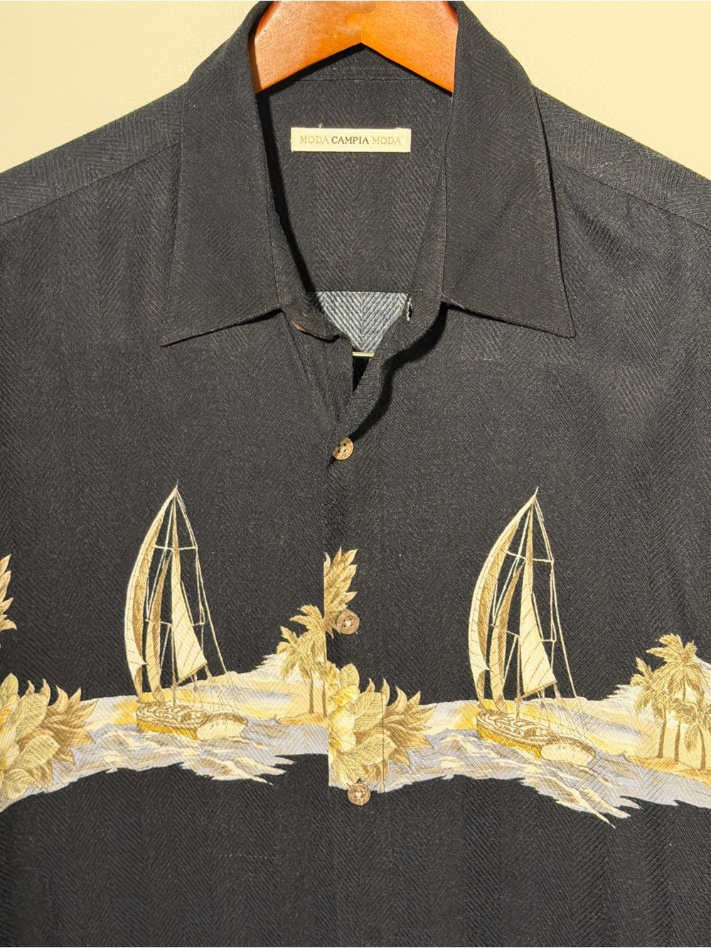 Campia Moda Black Island-Inspired Camp Shirt with Gold Nautical Sailboat Print